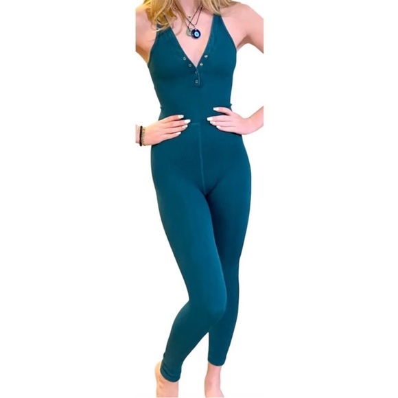 Free People Movement Happiness Runs Ribbed Henley Onsie Jumpsuit In Jewel